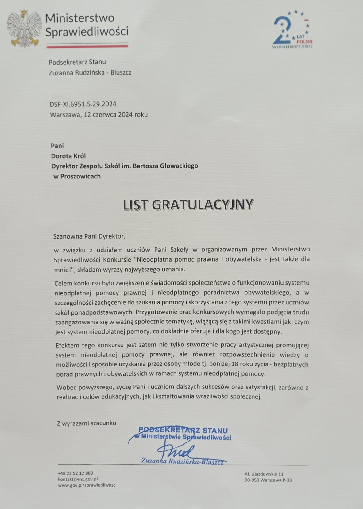 LIST GRATULACYJNY Z MINISTERSTWA SPRAWIEDLIWOŚCI