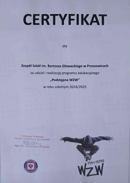 PODSTĘPNE WZW - CERTYFIKAT DLA ZS PROSZOWICE ZA UDZIAŁ I REALIZACJĘ PROGRAMU EDUKACYJNEGO W ROKU SZKOLNYM 2024/2025