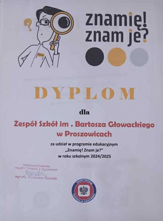 ZNAMIĘ! ZNAM JE? - DYPLOM DLA ZS PROSZOWICE ZA UDZIAŁ W PROGRAMIE EDUKACYJNYM W ROKU SZKOLNYM 2024/2025