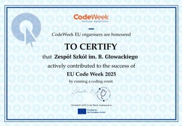 ZDOBYLIŚMY KOLEJNY CERTYFIKAT EUROPEJSKIEGO PROGRAMU INFORMATYCZNEGO „CODE WEEK 2025”