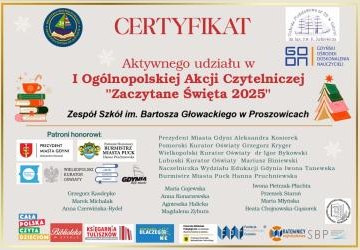 CERTYFIKAT AKTYWNEGO UDZIAŁU W I OGÓLNOPOLSKIEJ AKCJI „ZACZYTANE ŚWIĘTA 2025” DLA ZS PROSZOWICE