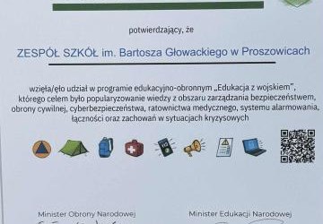 CERTYFIKAT DLA ZS PROSZOWICE ZA UDZIAŁ W PROGRAMIE EDUKACYJNO-OBRONNYM 
