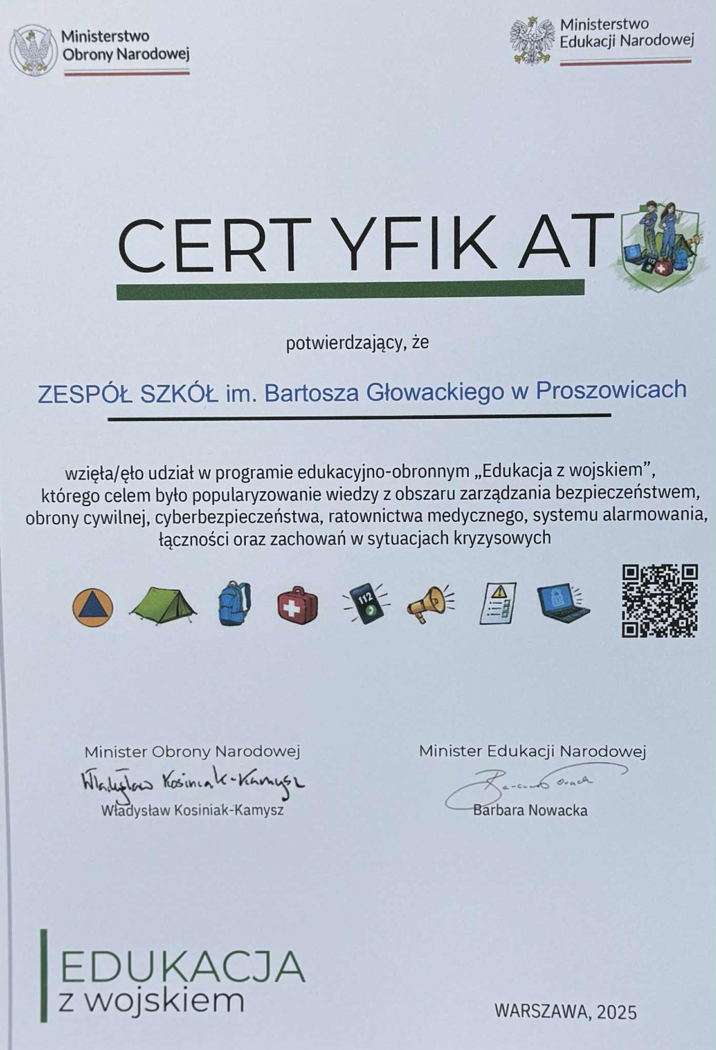 CERTYFIKAT DLA ZS PROSZOWICE ZA UDZIAŁ W PROGRAMIE EDUKACYJNO-OBRONNYM 