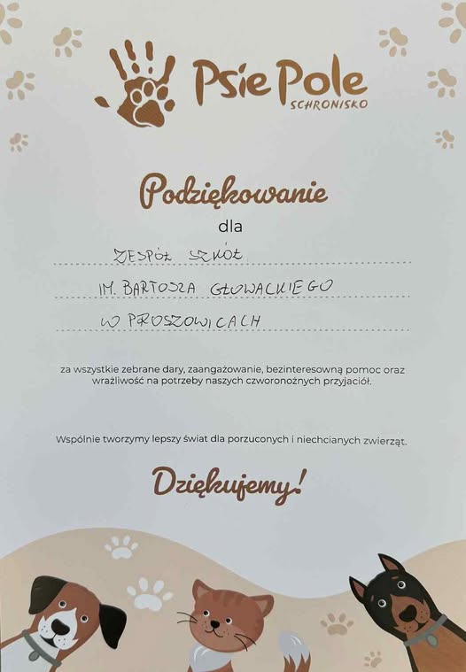 PODZIĘKOWANIE DLA SPOŁECZNOŚCI ZS PROSZOWICE ZA PRZEKAZANE DARY DLA SCHRONISKA 