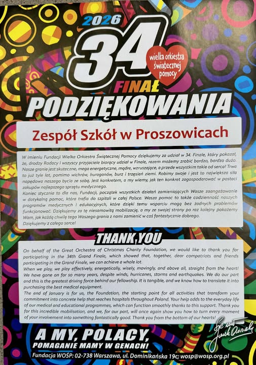 A MY POMAGANIE MAMY W GENACH ... PODZIĘKOWANIE DLA SPOŁECZNOŚCI ZS PROSZOWICE ZA UDZIAŁ W 34 FINALE WOŚP