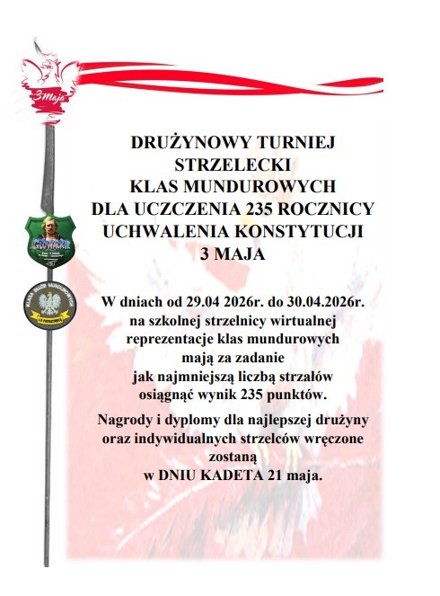 DRUŻYNOWY TURNIEJ STRZELECKI KLAS MUNDUROWYCH ZS PROSZOWICE DLA UCZCZENIA 235 ROCZNICY UCHWALENIA KONSTYTUCJI 3 MAJA