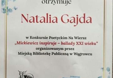 SUKCES LICEALISTKI ZS PROSZOWICE W KONKURSIE POETYCKIM