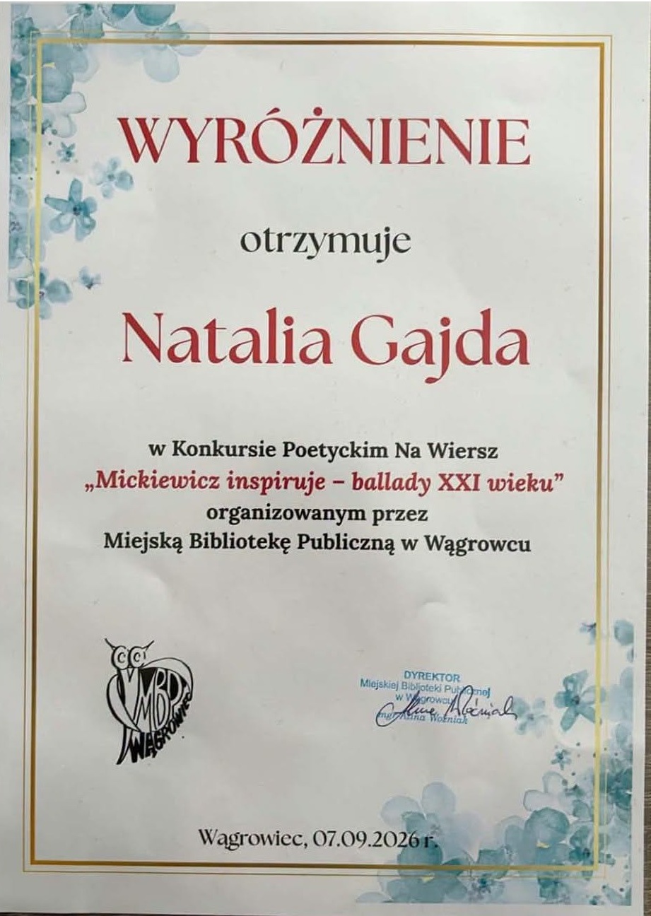 SUKCES LICEALISTKI ZS PROSZOWICE W KONKURSIE POETYCKIM